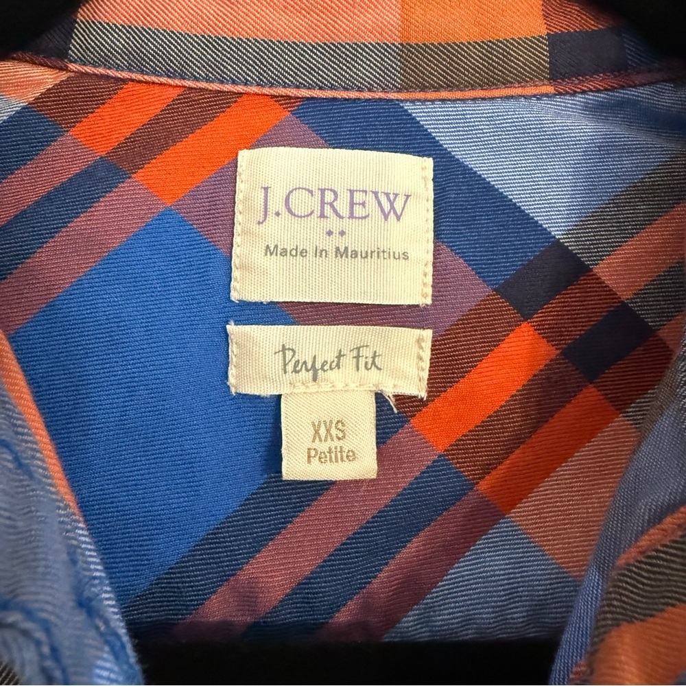 J Crew Perfect Shirt Womens Petite XXS Blue Orange Plaid 100% Cotton Button Up - Picture 2 of 5